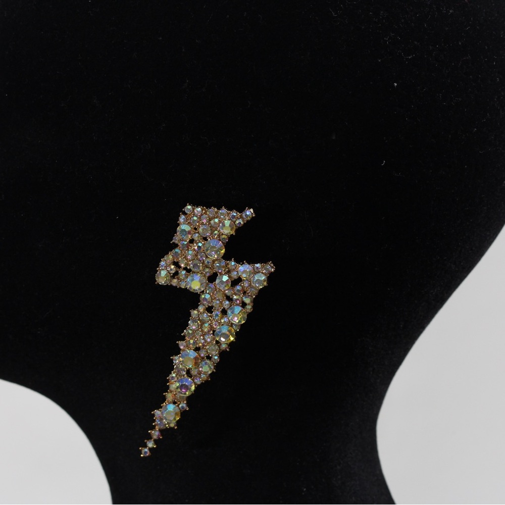 Rhinestone Thunderbolt Statement Earrings | AB Crystal Lightning Bolt - Picture 2 of 4